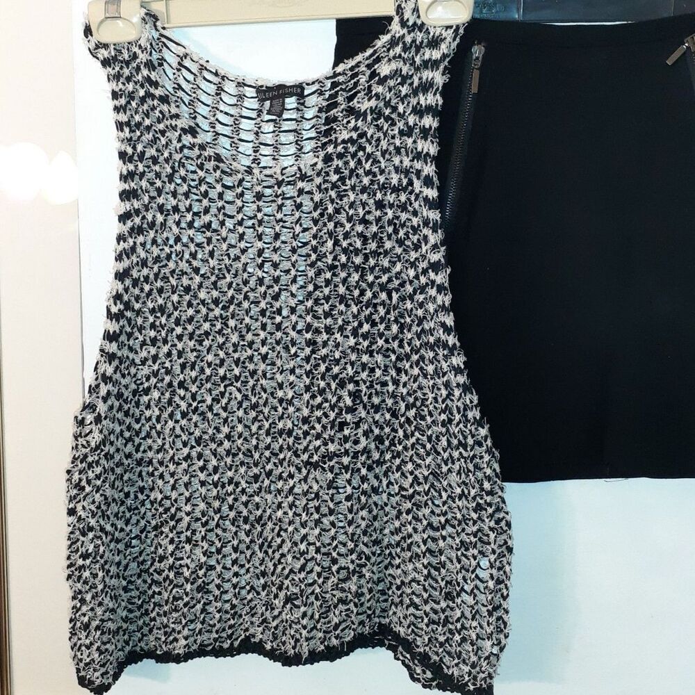 Eileen Fisher summer cotton blend open knit top black white m